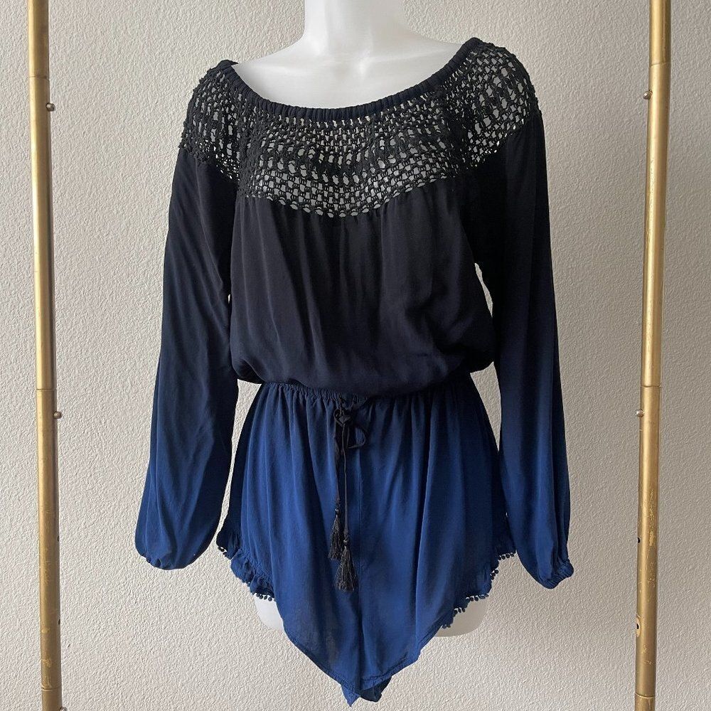 Victoria's Secret Black Blue Ombre Beach Crochet One Piece Cover Up Romper Sz S